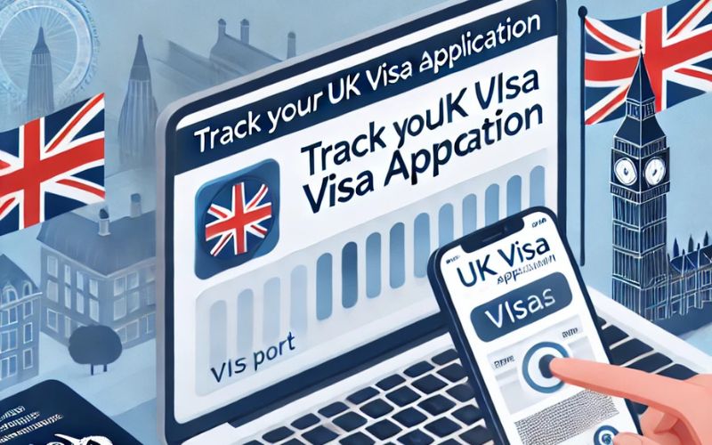 Person using a laptop or smartphone to track a UK visa application, with a UK passport and visa documents nearby.