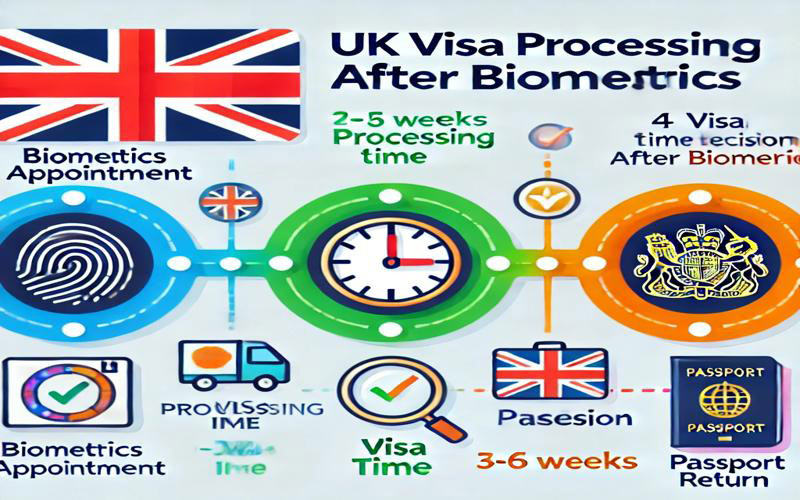 UK visa processing timeline after biometrics with icons and UK flag.