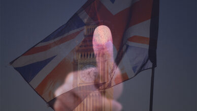 Fingerprint scan with UK flag and Big Ben in background